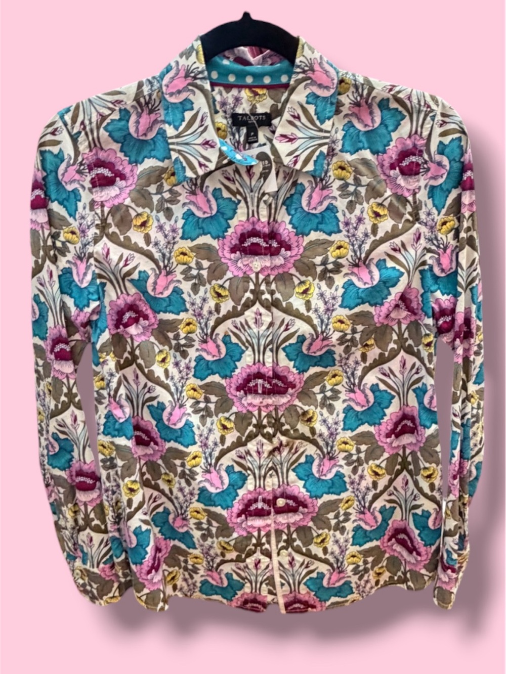 Talbots Petite Floral Button-Up Blouse — Pink, Teal & Yellow